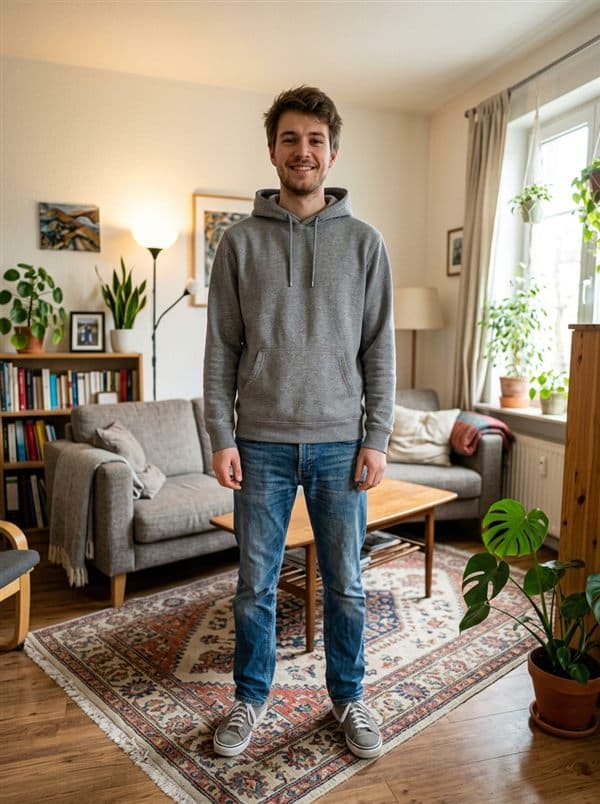 A man in a grey hoodie