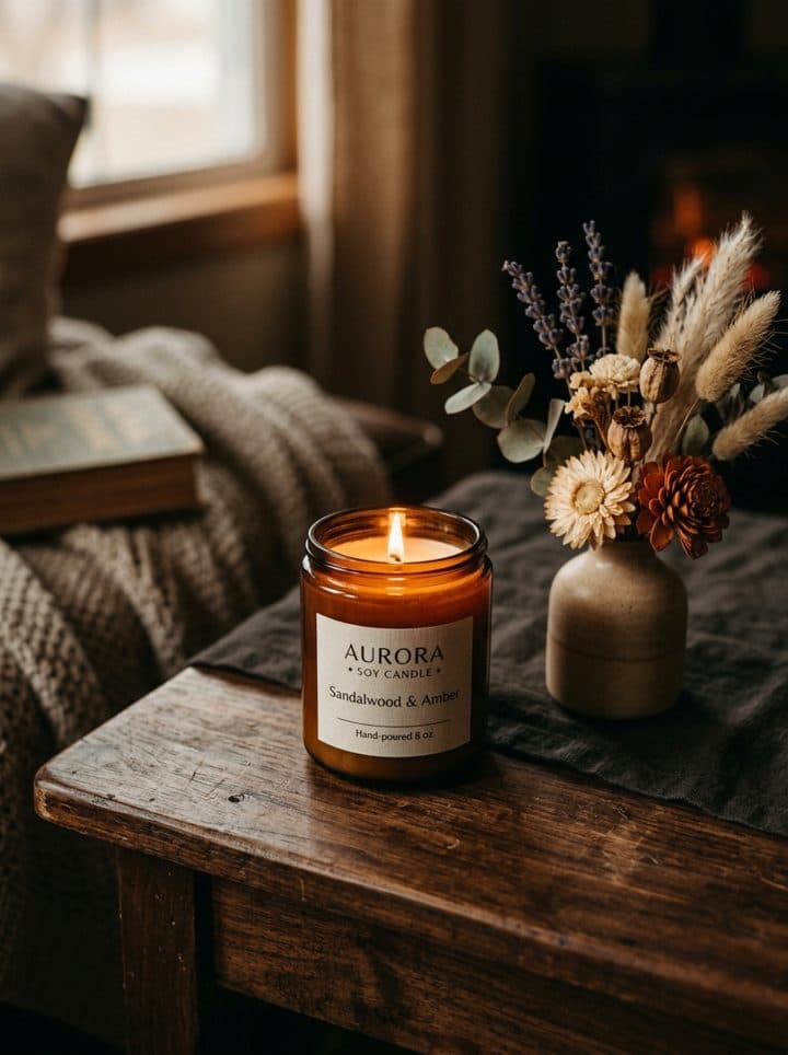 Amber candle beside dried flowers