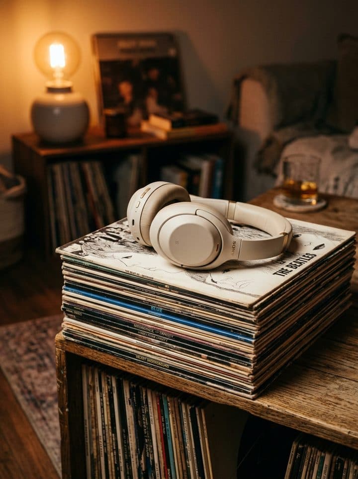 Headphones on a stack of vinyl records