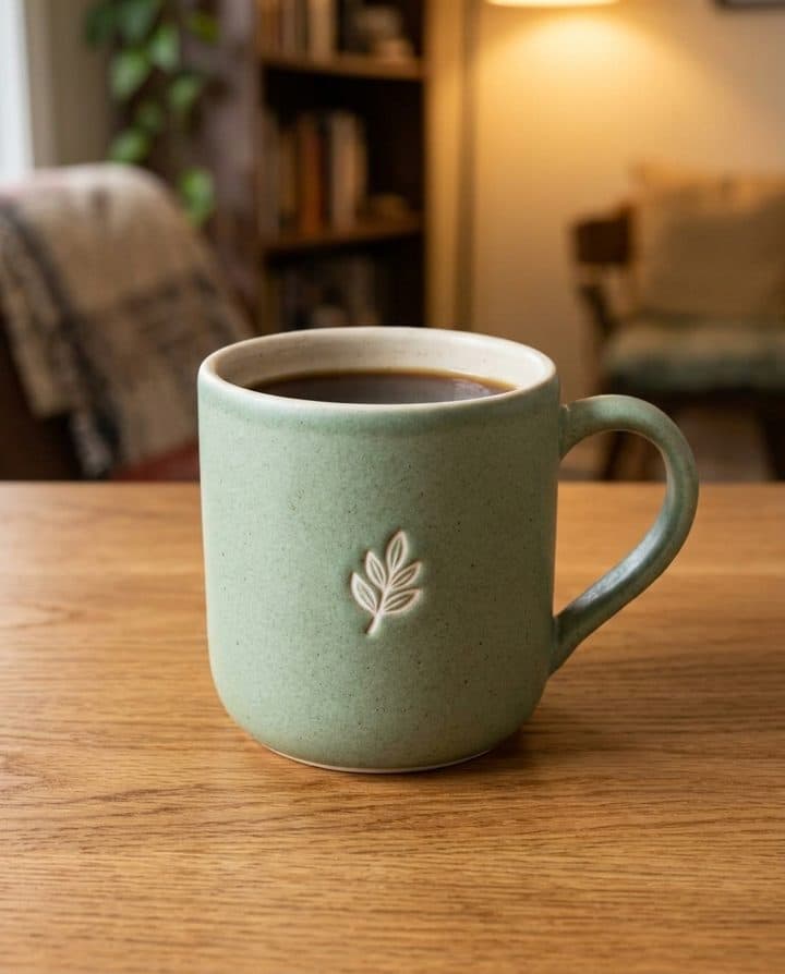 Green mug on an oak table