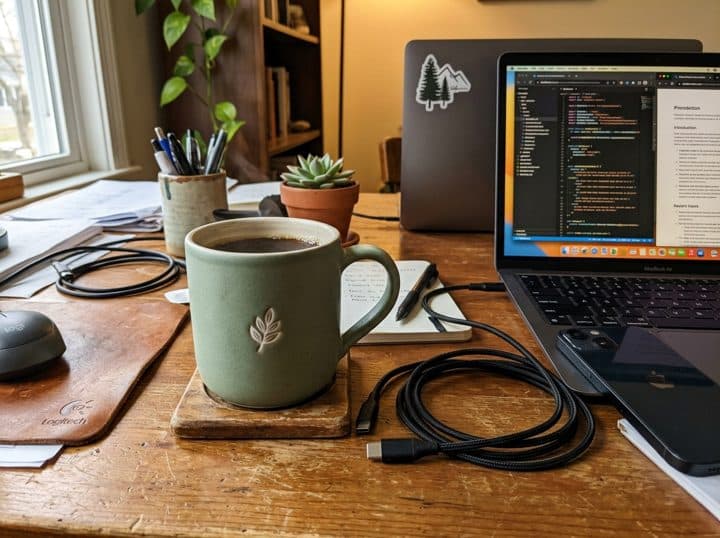 The original desk photo of a green mug