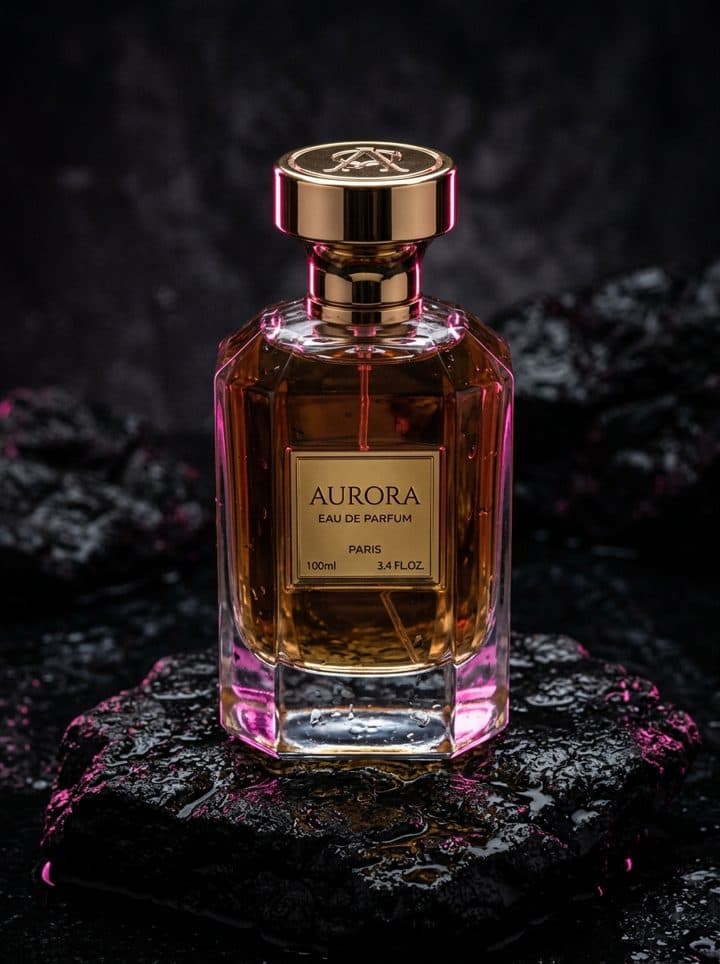 Perfume bottle on black volcanic stone
