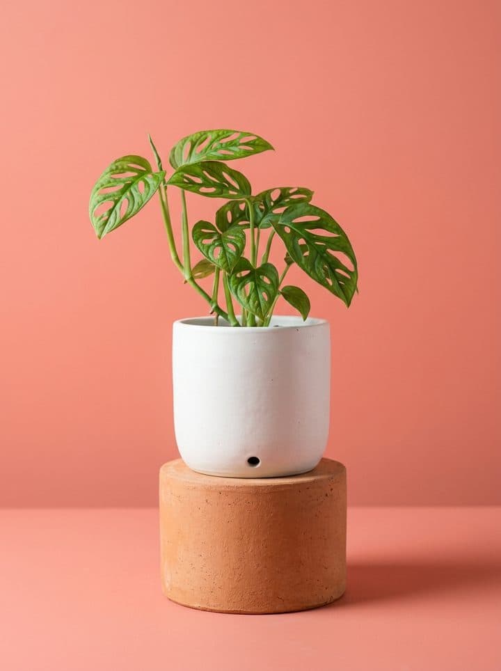 White plant pot on a coral backdrop