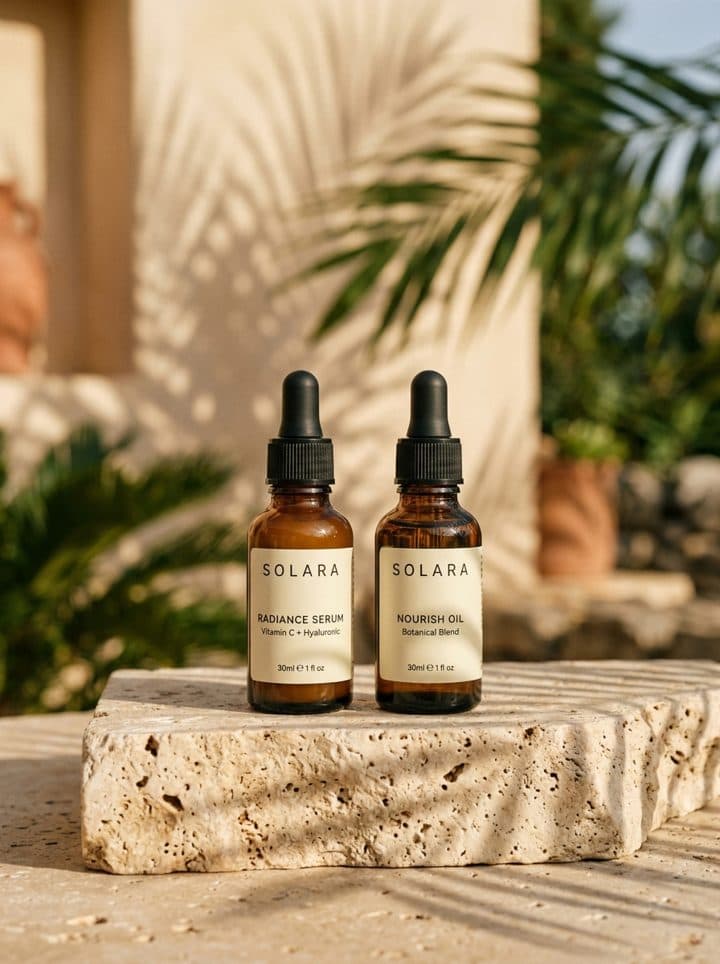 Serum bottles on travertine in morning light