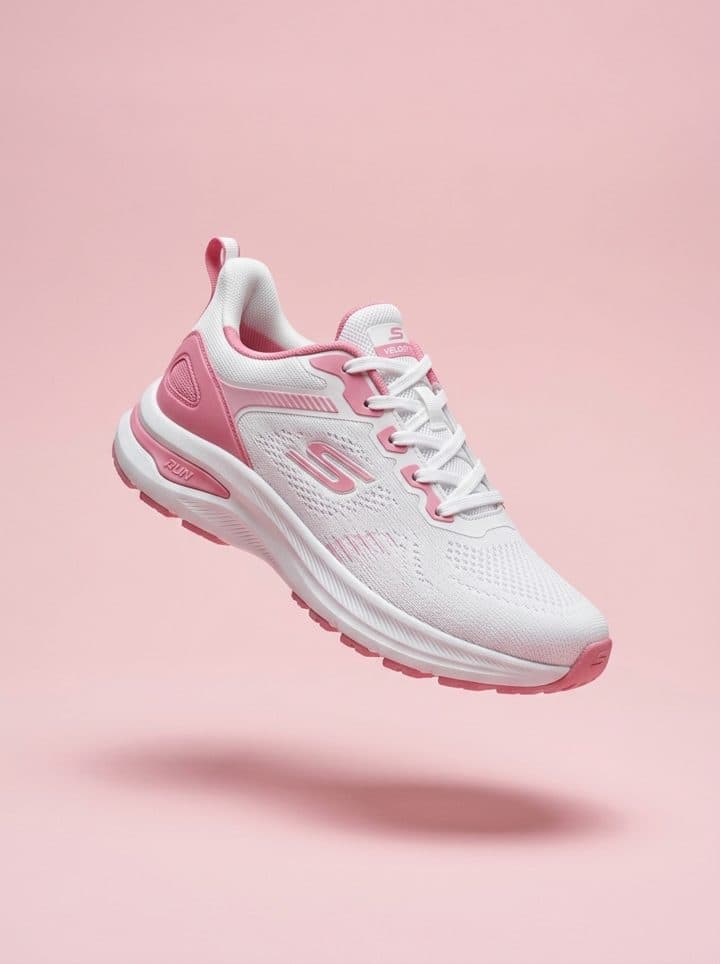 Pink and white sneaker floating on pink
