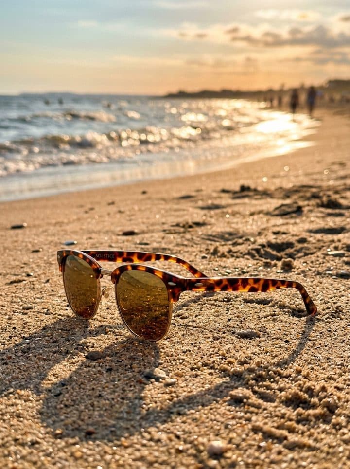 Sunglasses on sand at golden hour