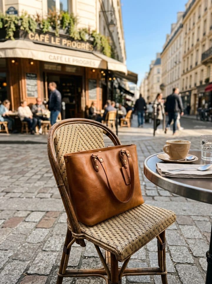 Leather tote on a Paris café chair