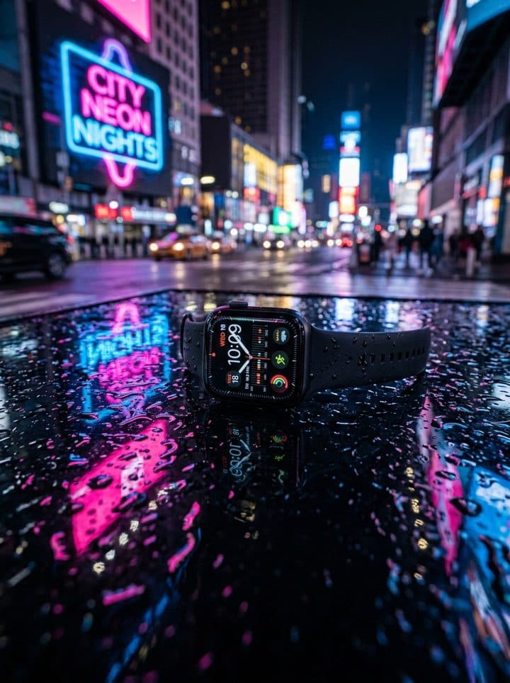Smartwatch reflecting neon city lights