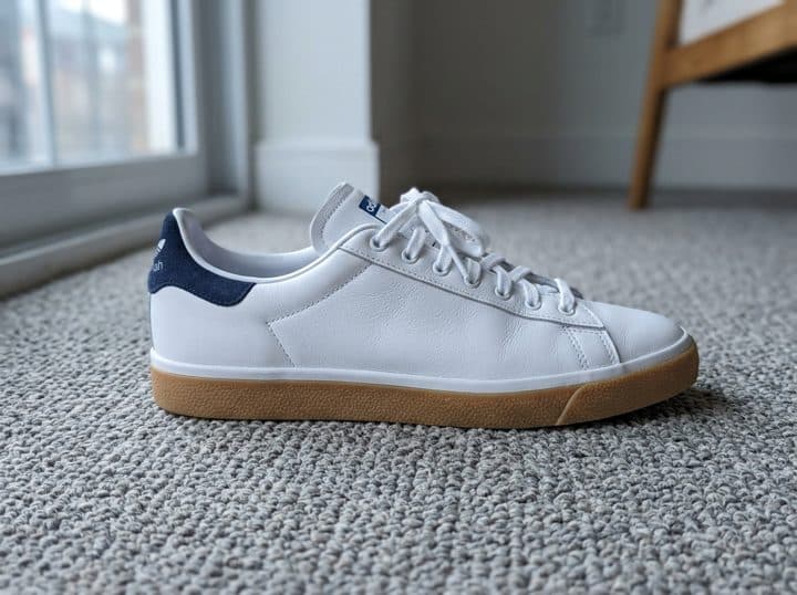 A sneaker on a grey carpet